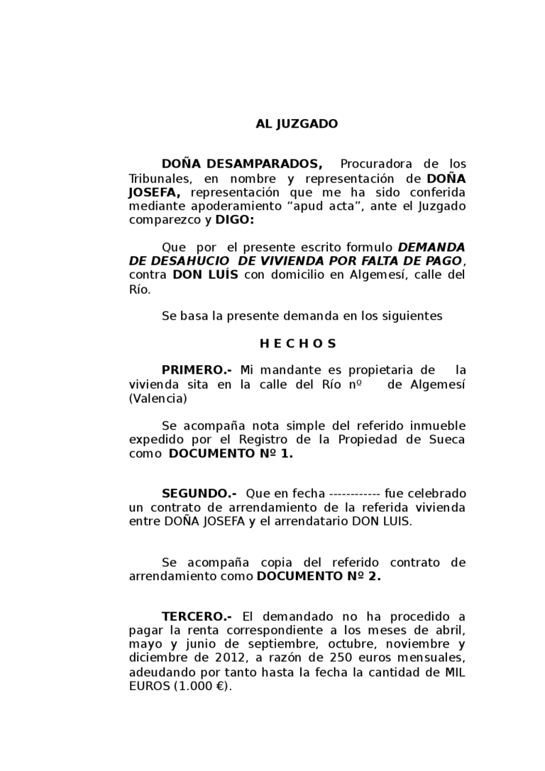 Modelo demanda desahucio por falta de pago Información legal Modelo demanda desahucio por falta de pago Información legal